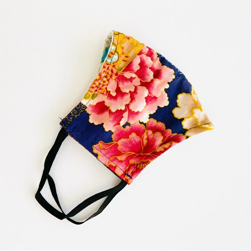NEW Handmade Navy Iris & Chrysanthymum Block Print Face Mask